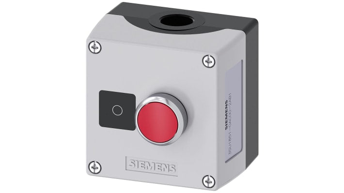 Scatola pulsante Siemens 3SU1851-0AC00-2AB1, IP66/IP67/IP69, 10A, 500V, con pulsante rosso, dimensioni 85x75x89.4mm.