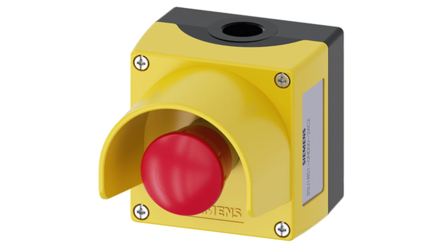Pulsante di arresto di emergenza Siemens, montaggio a pannello, diametro 22 mm, protezione IP66/IP69, colore giallo, dimensioni 112.5 x 85 x 89.4 mm.