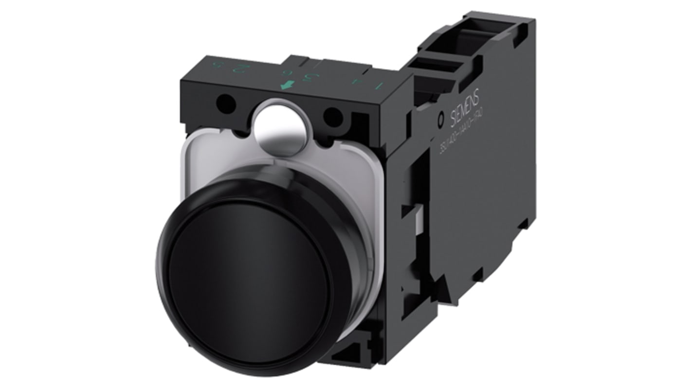 Pulsante rotondo Siemens 3SU1100-0AB10-1FA0, montaggio a pannello, diametro 22 mm, contatto SPDT, colore nero.