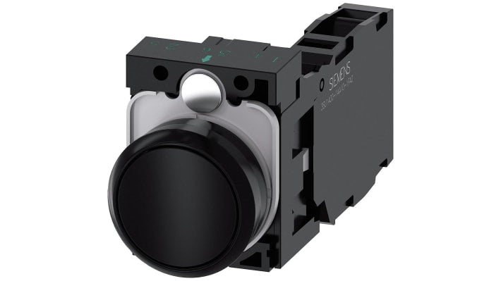 Pulsante rotondo Siemens 3SU1100-0AB10-1FA0, montaggio a pannello, diametro 22 mm, contatto SPDT, colore nero.