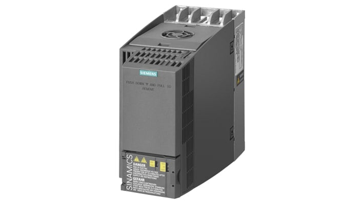 Inverter trifase Siemens 6SL3210-1KE21-7UP1, potenza 5,5 kW, montaggio a pannello, dimensioni 203x196x100 mm.