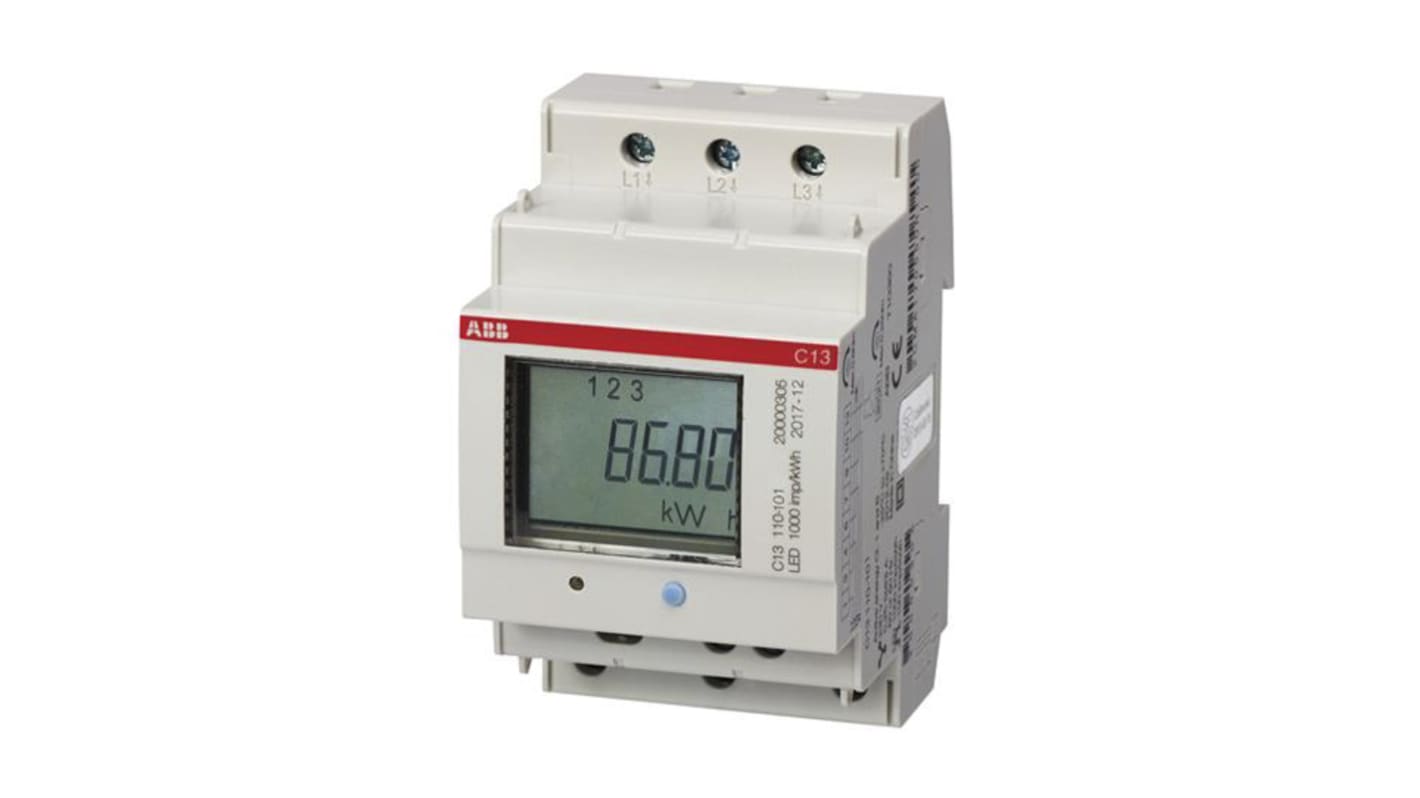 Contatore di energia trifase ABB 2CMA103574R1000, display LCD, precisione 1%, intervallo 2 mA a 100 mA, dimensioni 26.5x54x65 mm.