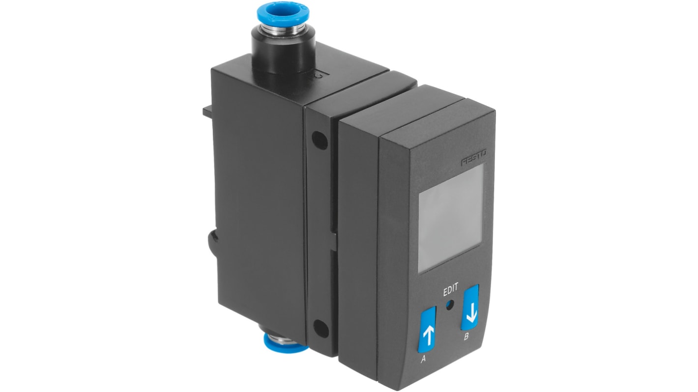 Sensore di flusso Festo SFAB-50U-HQ6-2SV-M12, portata 0,5-50 l/min, alimentazione 0-10 V, pressione max 145 psi.
