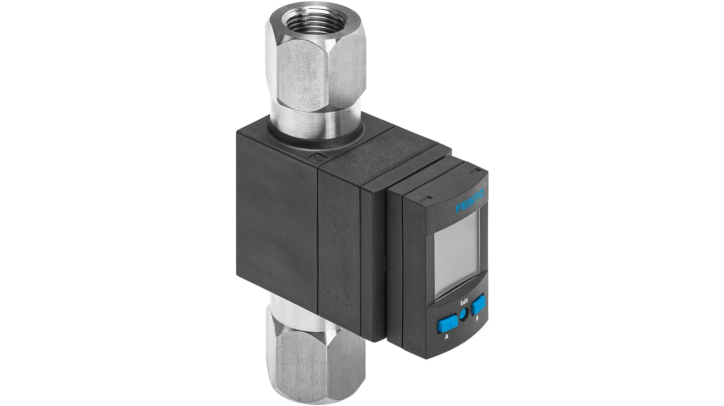 Sensore di flusso Festo SFAW-32T-TG12-E-PNLK-PNVBA-M12 per liquidi, portata 1,8-32 l/min, IP65, 0-50 °C.
