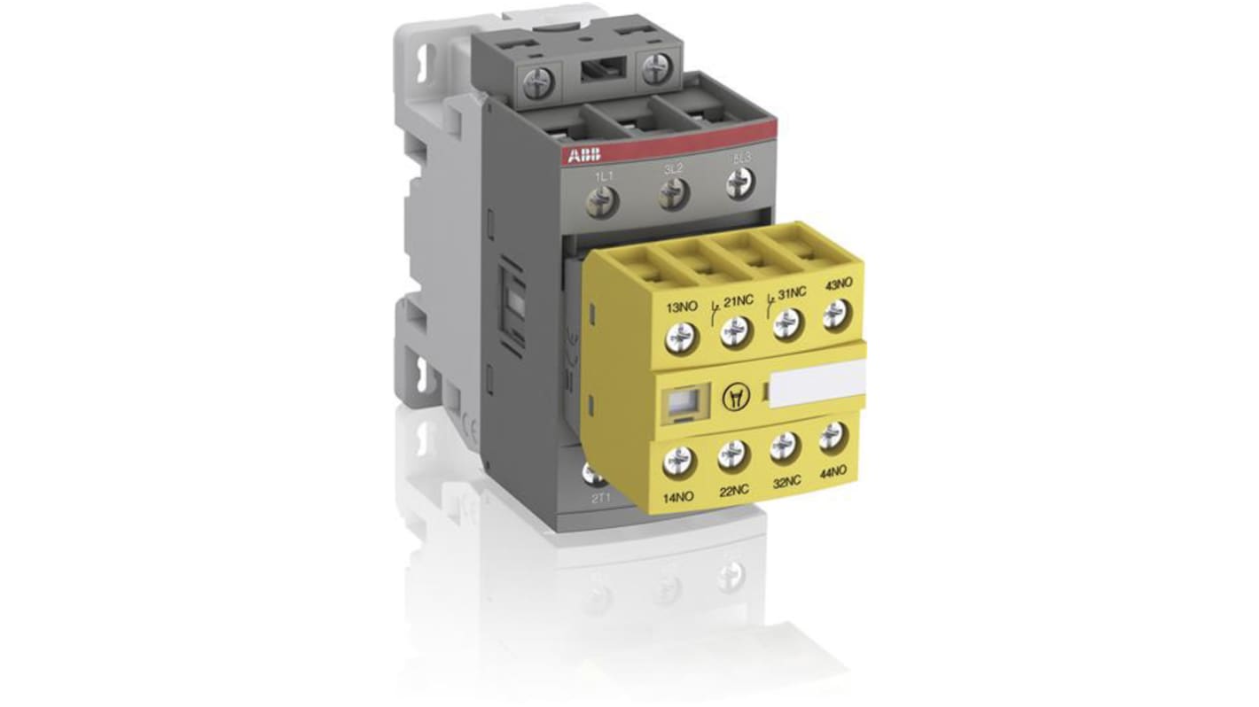 Contattore di sicurezza ABB Jokab AFS 1SBL277082R1322, 3 poli, 3 NO, 50 A, 100-250 V, dimensioni 119.5x45x80 mm, alloggiamento giallo.