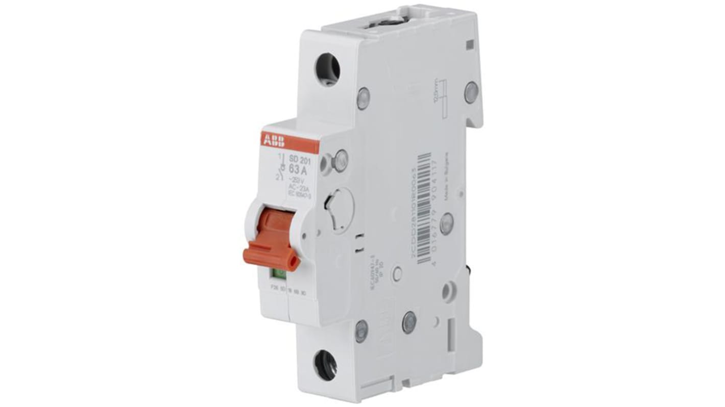 Interruttore di isolamento ABB SD201, 1P, 40A, 253V ca, montaggio su guida DIN, dimensioni 17.5mm x 69mm x 88mm.