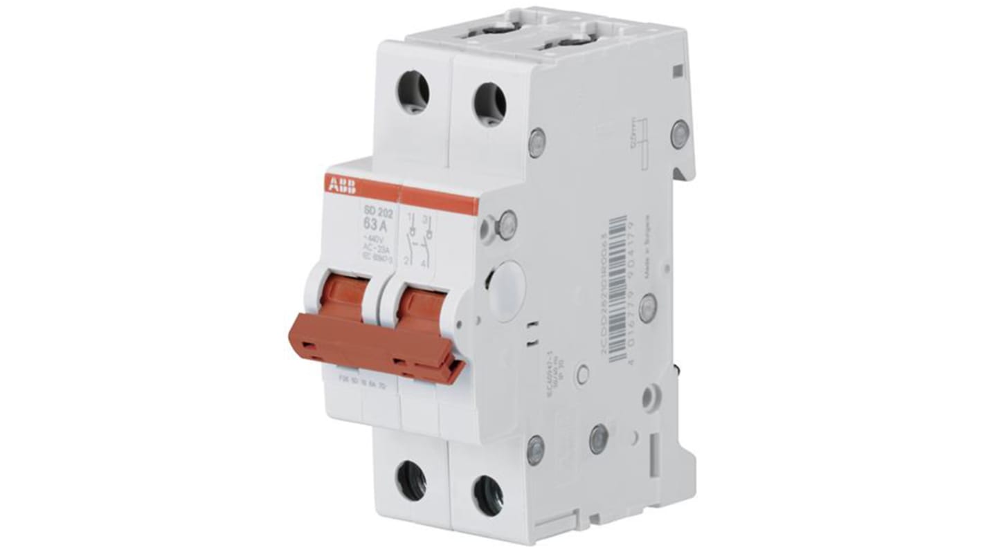 Interruttore di isolamento ABB SD202, 2 poli, 32A, 125V DC/440V AC, montaggio su guida DIN, dimensioni 35mm x 69mm x 88mm.