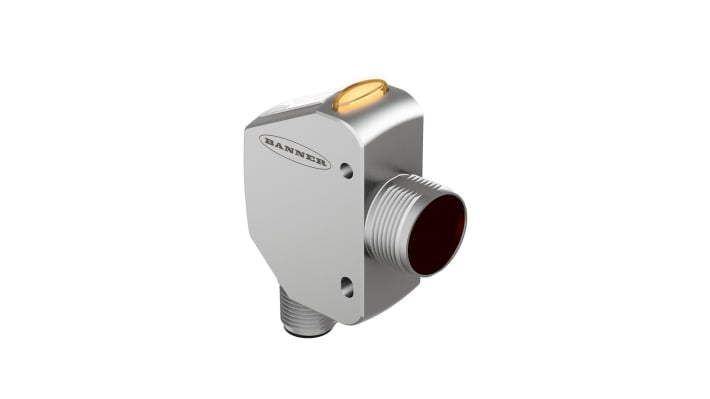 Sensore fotoelettrico rettangolare Banner Q4XTILAF100-Q8, rilevamento 25-100 mm, uscita analogica, montaggio filettato, IP67/IP68/IP69K.