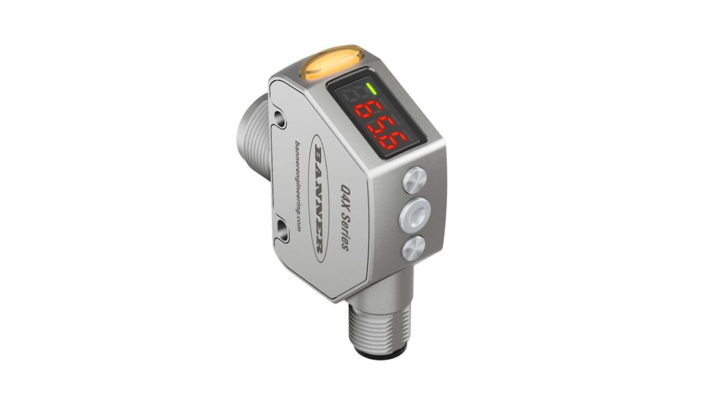 Sensore fotoelettrico rettangolare Banner Q4XTILAF300-Q8, rilevamento 25-300 mm, corpo in acciaio inox, montaggio filettato, IP67/IP68/IP69K.
