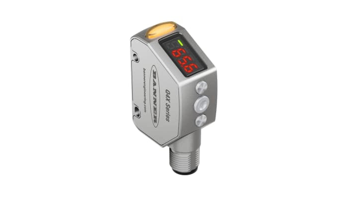 Sensore fotoelettrico rettangolare Banner Q4XFNLAF110-Q8, rilevamento 35-110 mm, uscita NPN, custodia in acciaio inox, IP67/IP68/IP69K.