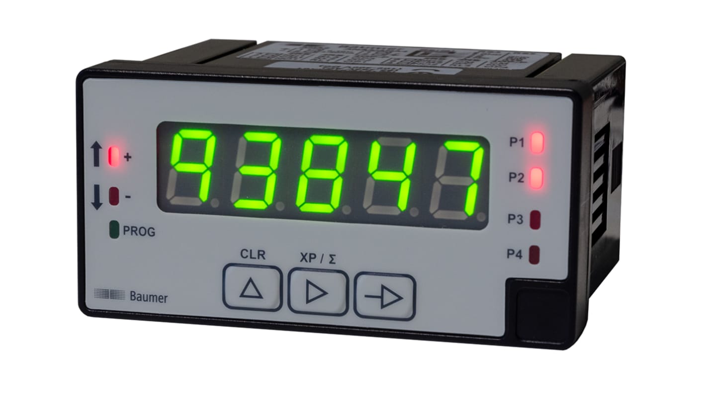 Baumer NE1218.014AX01, contatore preimpostato digitale 5 cifre, montaggio su guida DIN, IP65, dimensioni 45 x 93 mm.
