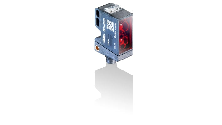 Baumer O300.SP.T-GW1J.72CU, sensore fotoelettrico rettangolare a diffusione, rilevamento 30-300 mm, montaggio su flangia, IP67.