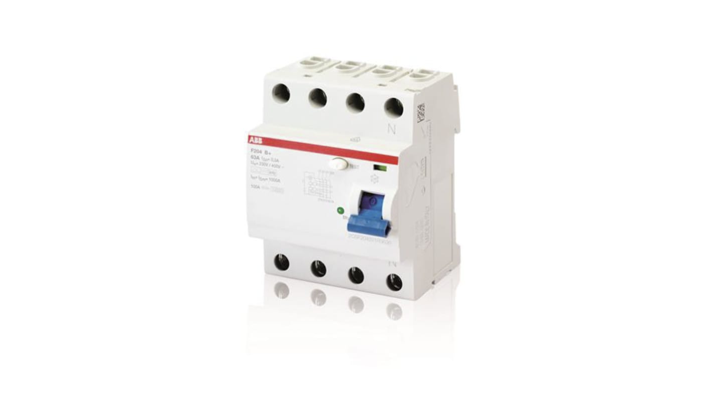 Interruttore differenziale ABB F204BS-125/0.3, 4 poli, 125A, montaggio su guida DIN, dimensioni 70 x 69 x 85mm.