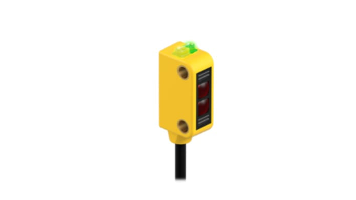 Sensore fotoelettrico rettangolare Banner Q12RB6RQ, rilevamento fino a 2 m, uscita NPN/PNP, connettore M8, IP67. Dimensioni 22 x 8 x 12 mm.