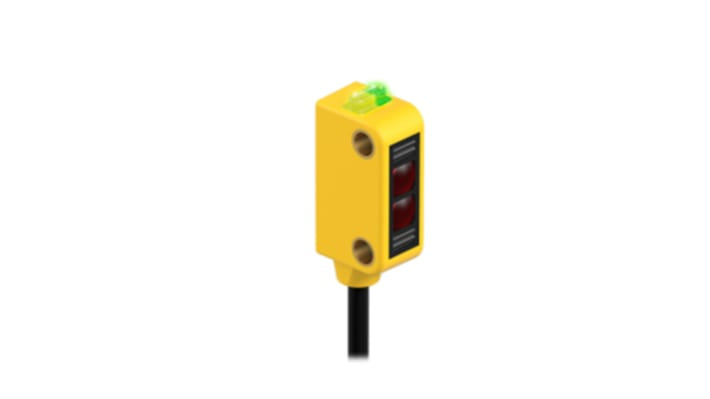 Sensore fotoelettrico rettangolare Banner Q12AB6FF30, rilevamento 300 mm, uscita bipolare, grado di protezione IP67.