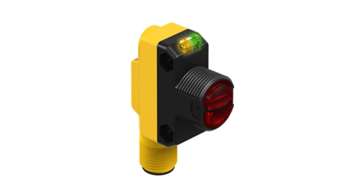 Sensore fotoelettrico rettangolare Banner QS18VN6CV45Q8, rilevamento 43 mm, uscita NPN, IP67, montaggio filettato.