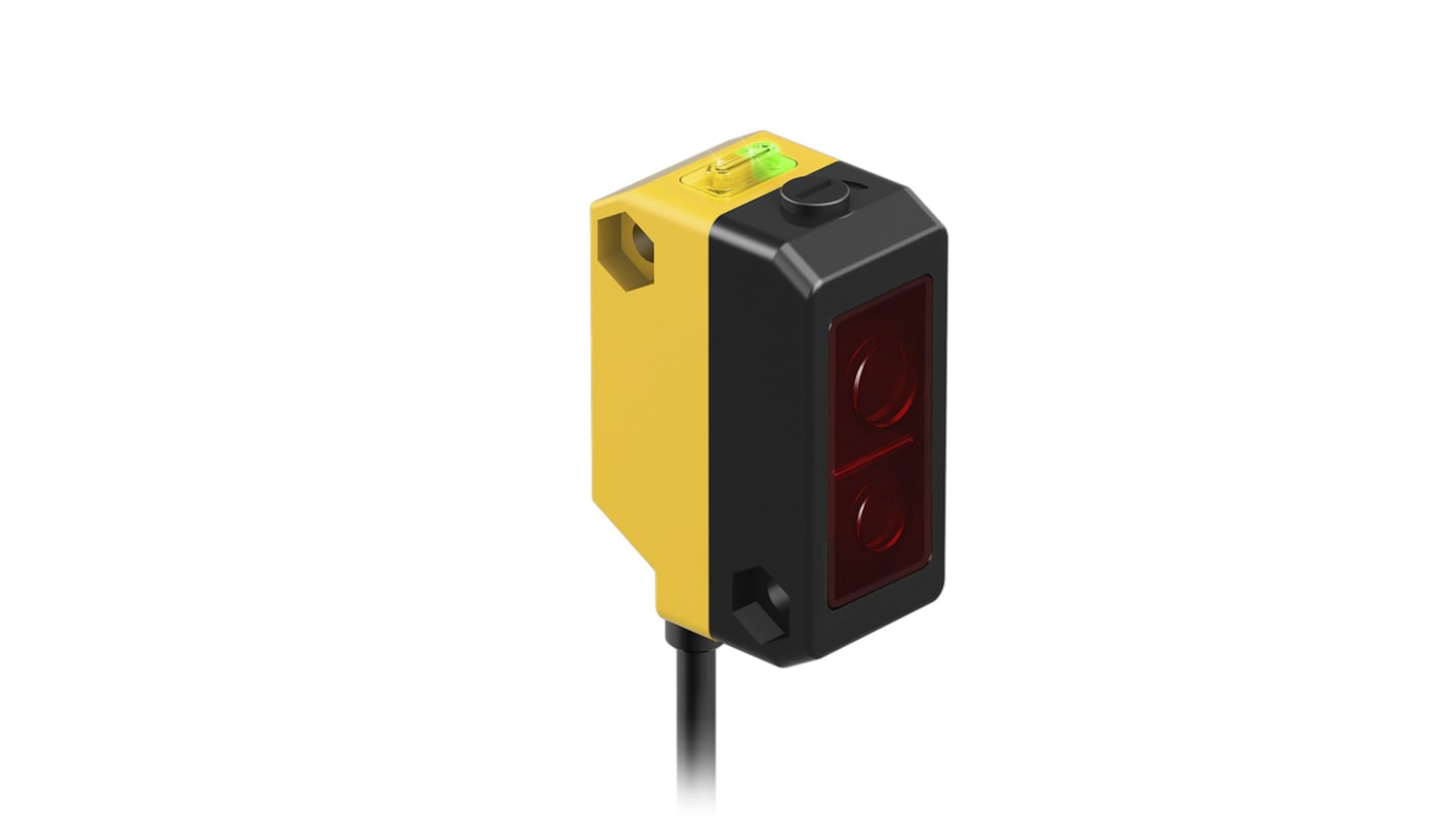 Sensore fotoelettrico rettangolare Banner QS18VN6AF100, NPN, rilevamento 100 mm, IP67, alimentazione 10-30 V c.c., montaggio filettato.