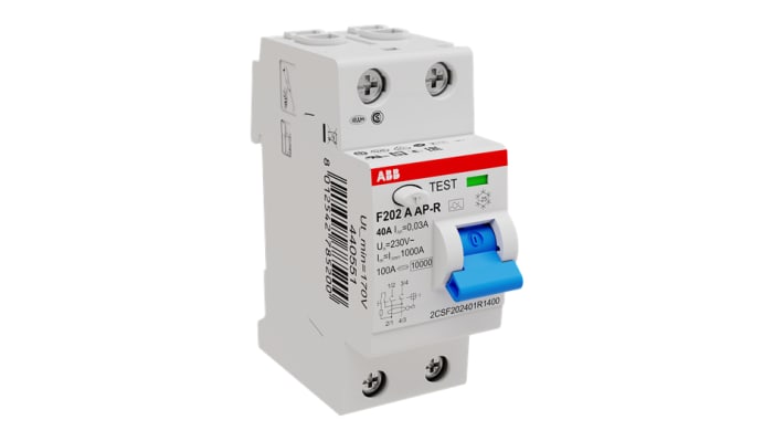 Interruttore differenziale ABB Tipo A, 2 poli, 40A, 30mA, montaggio su guida DIN, dimensioni 35 x 85 x 69 mm.