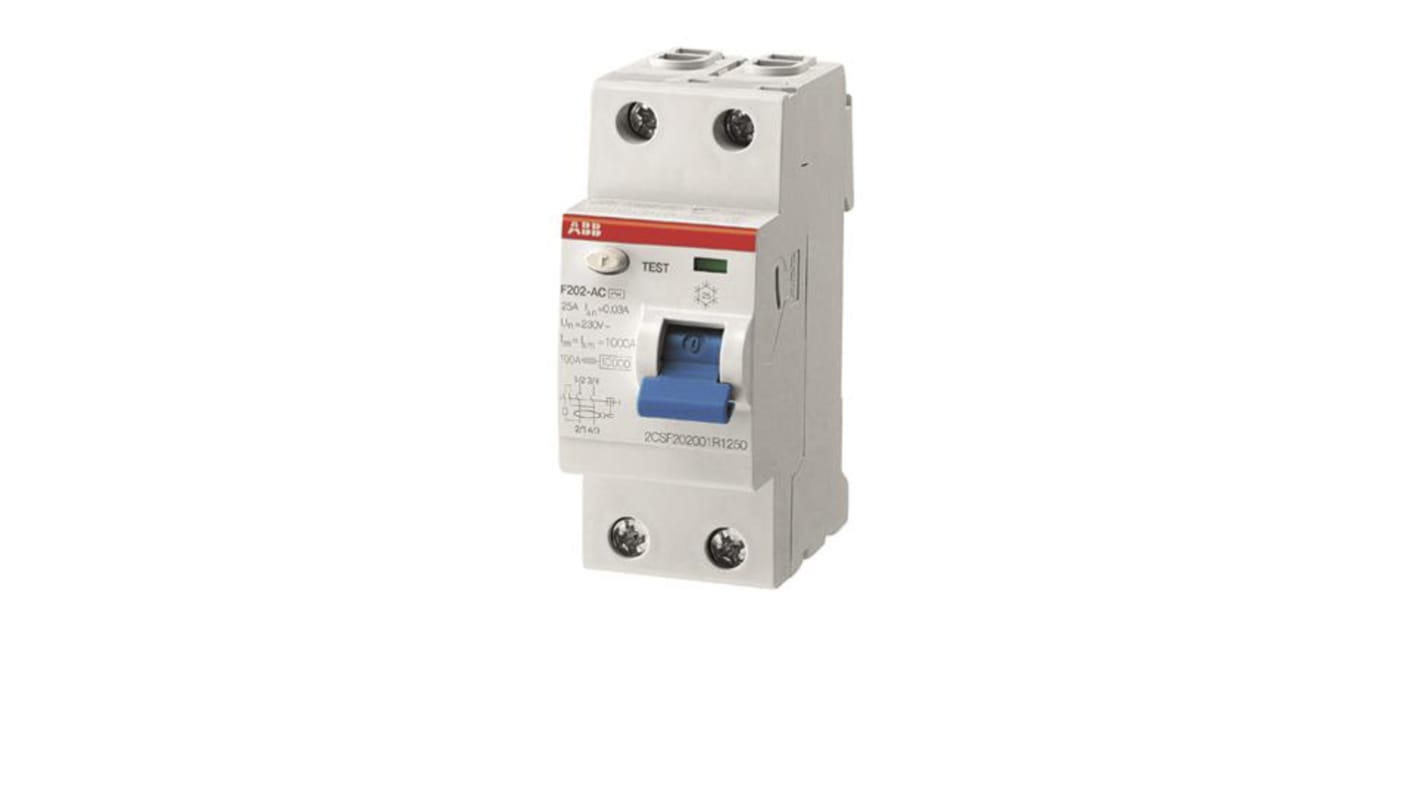 Interruttore differenziale ABB F202, 2 poli, 100A, 500mA, montaggio su guida DIN, protezione contro correnti di guasto.