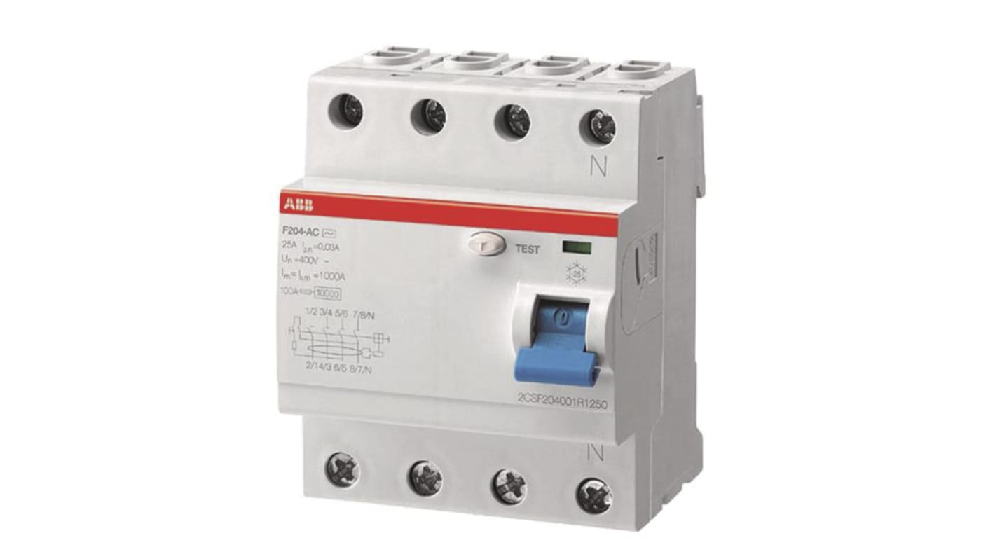 Interruttore differenziale ABB F204 A S-63/0,3, 4 poli, 63A, 300mA, montaggio su guida DIN, protezione da correnti di guasto.