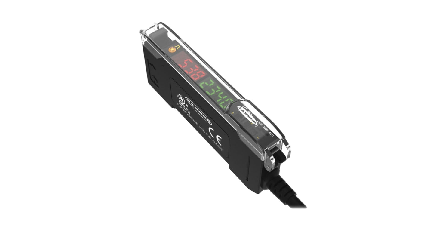 Amplificatore fibra PNP Push-Pull Banner DF-G1-KS-2M, 10-30 V c.c., montaggio su guida DIN, dimensioni 86,9 x 10 x 31,5 mm.