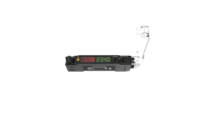 Amplificatore fibra PNP Push-Pull Banner DF-G1-KS-Q7, con connettore M8, montaggio su guida DIN, dimensioni 86,3 x 10 x 31,5 mm.