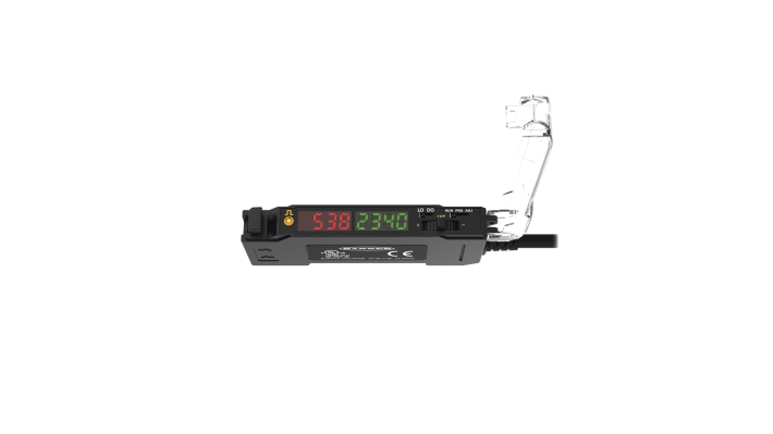 Amplificatore fibra PNP Banner DF-G1-PS-2M, montaggio su guida DIN, dimensioni 86,9 x 10 x 31,5 mm, protocollo IO-Link.
