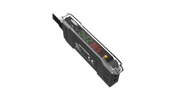 Amplificatore fibra PNP Push-Pull Banner DF-G2-KD-2M, 10-30 V c.c., montaggio su guida DIN, dimensioni 86,9 x 10 x 31,5 mm.