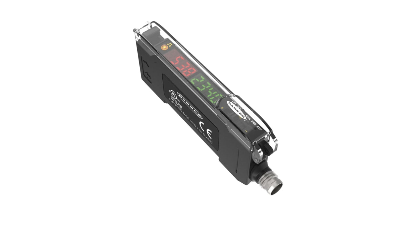 Amplificatore fibra PNP Push-Pull Banner DF-G2-KD-Q7, con uscita PNP, IO-Link, montaggio su guida DIN, dimensioni 86,3 x 10 x 31,5 mm.