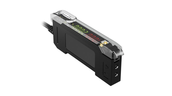 Amplificatore fibra PNP Push-Pull Banner DF-G3-KD-2M, 10-30 V c.c., montaggio su guida DIN, dimensioni 86,9 x 10 x 31,5 mm.