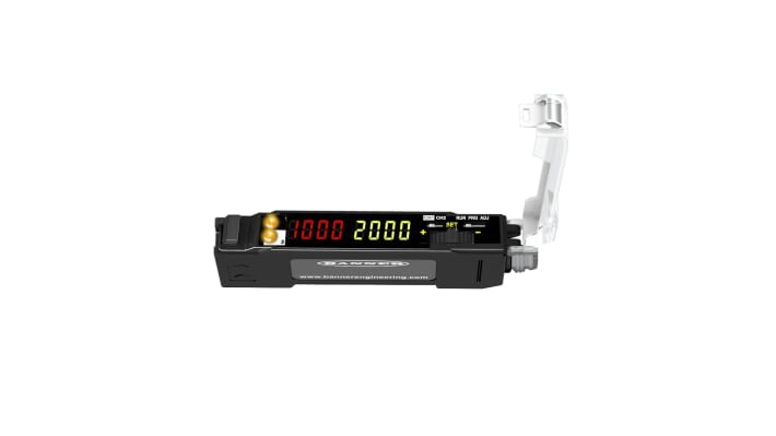 Amplificatore fibra PNP Push-Pull Banner DF-G3-KD-Q7, con uscita PNP, IO-Link, montaggio su guida DIN, dimensioni 86,3 x 10 x 31,5 mm.