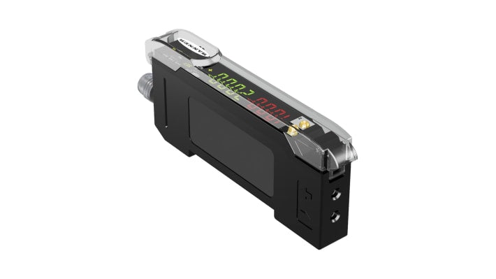 Amplificatore fibra PNP Push-Pull Banner DF-G3-KD-Q7, con uscita PNP, IO-Link, montaggio su guida DIN, dimensioni 86,3 x 10 x 31,5 mm.