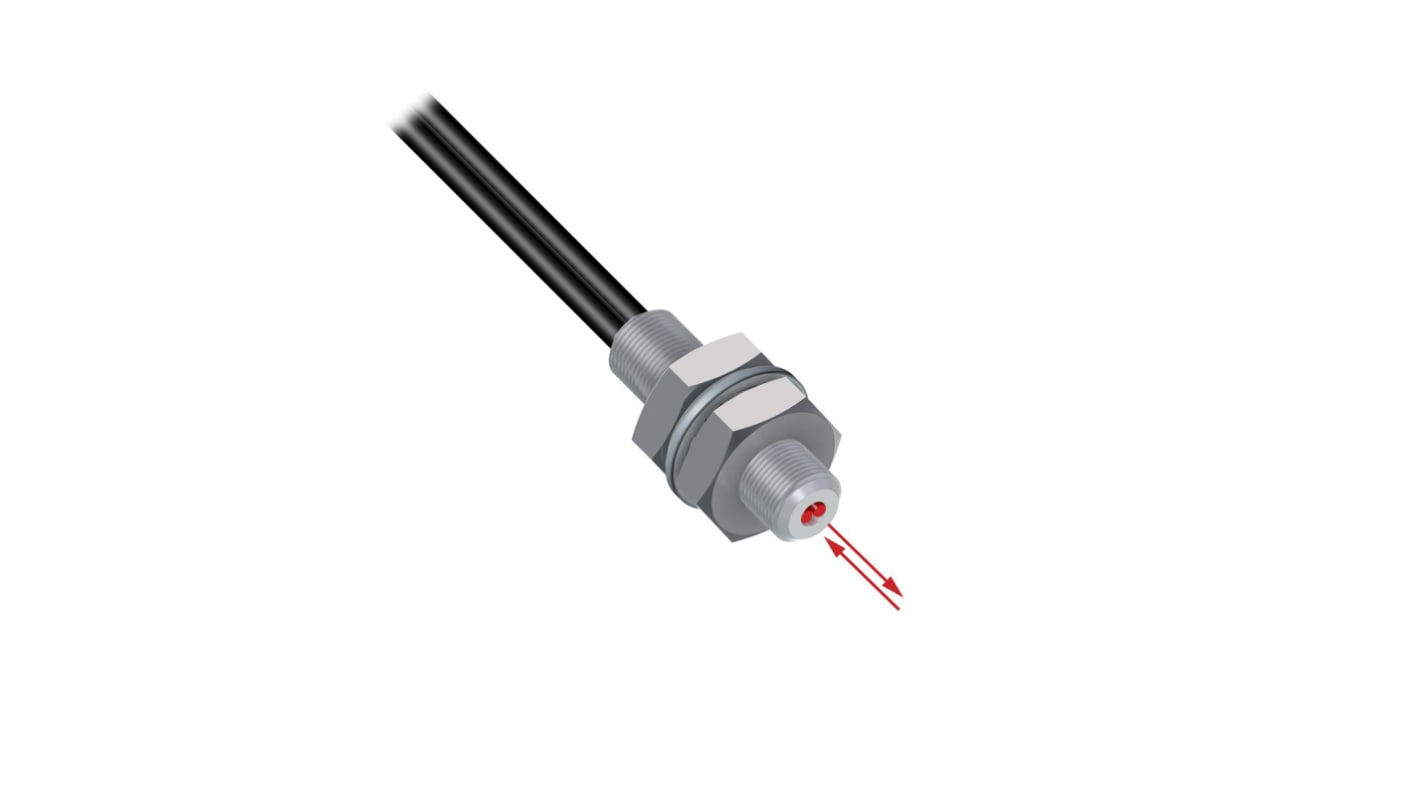 Banner PBT26U, sensore a riflessione NPN-PNP M3, fibra ottica plastica, lunghezza 2.011 m, montaggio filettato, max +70°C.