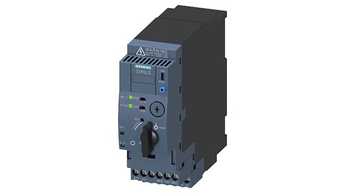 Starter DOL Siemens 3RA6120-1CB33 per motori 3 fasi, potenza 3 kW, montaggio su guida DIN, dimensioni 165x137,5x45 mm.