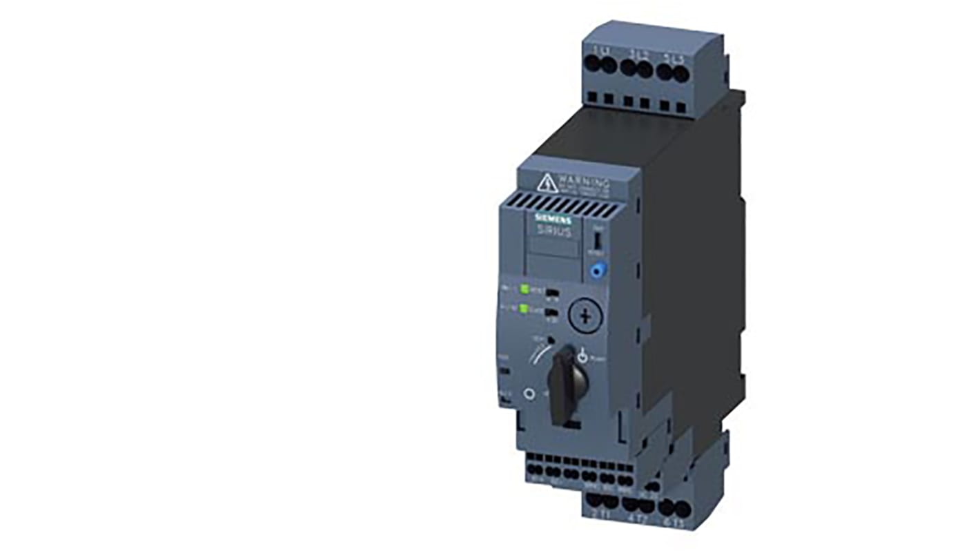 Starter DOL Siemens 3RA6120-2BB32 per motori, 750 W, 690 V, 1,25 A, montaggio su guida DIN, dimensioni 45x165x176 mm.