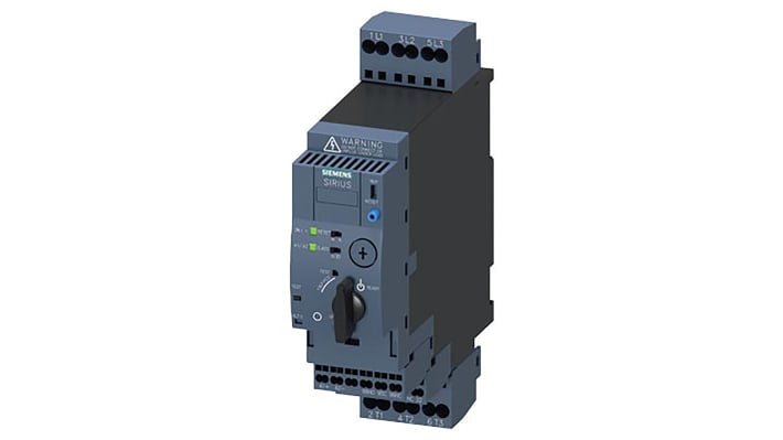 Starter DOL Siemens 3RA6120-2BB32 per motori, 750 W, 690 V, 1,25 A, montaggio su guida DIN, dimensioni 45x165x176 mm.