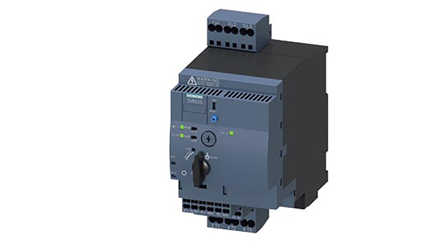 Starter DOL Siemens 3RA6250-2CB32 per motori, 3 fasi, 3 kW, montaggio su guida DIN, dimensioni 90x165x176 mm.
