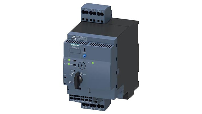 Starter DOL Siemens 3RA6250-2CB32 per motori, 3 fasi, 3 kW, montaggio su guida DIN, dimensioni 90x165x176 mm.