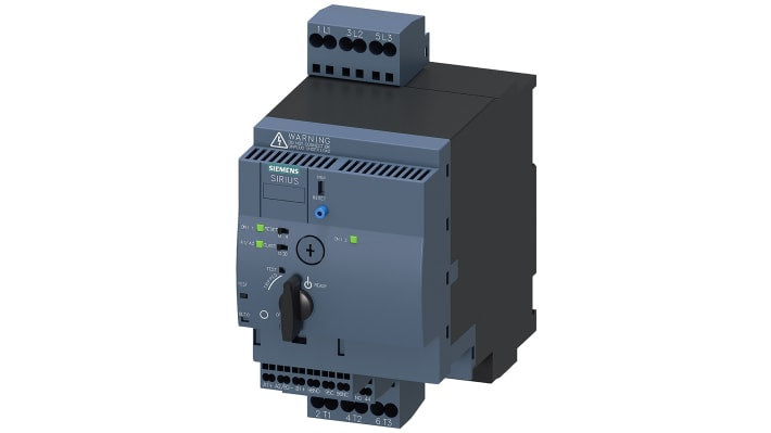 Starter DOL Siemens 3RA6250-2CB32 per motori, 3 fasi, 3 kW, montaggio su guida DIN, dimensioni 90x165x176 mm.