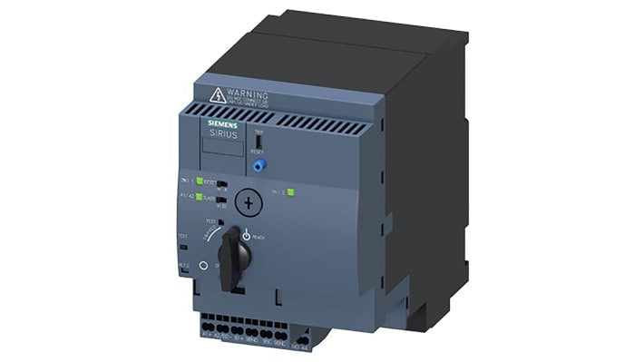 Starter DOL Siemens 3RA6250-2CB33 per motori, 3 fasi, 3 kW, 690 V, montaggio su guida DIN, dimensioni 90x165x137,5 mm.