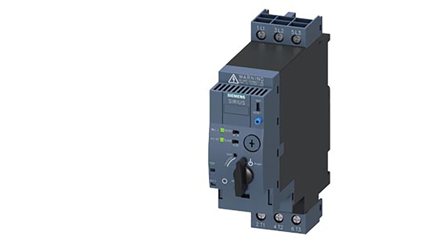 Starter DOL Siemens 3RA6120-1EB34 per motori, 15 kW, 32 A, montaggio su guida DIN, dimensioni 165 x 148,5 x 45 mm.