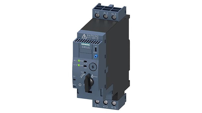Starter DOL Siemens 3RA6120-1EB34 per motori, 15 kW, 32 A, montaggio su guida DIN, dimensioni 165 x 148,5 x 45 mm.