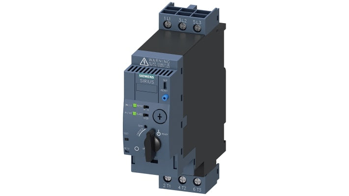 Starter DOL Siemens 3RA6120-1EB34 per motori, 15 kW, 32 A, montaggio su guida DIN, dimensioni 165 x 148,5 x 45 mm.