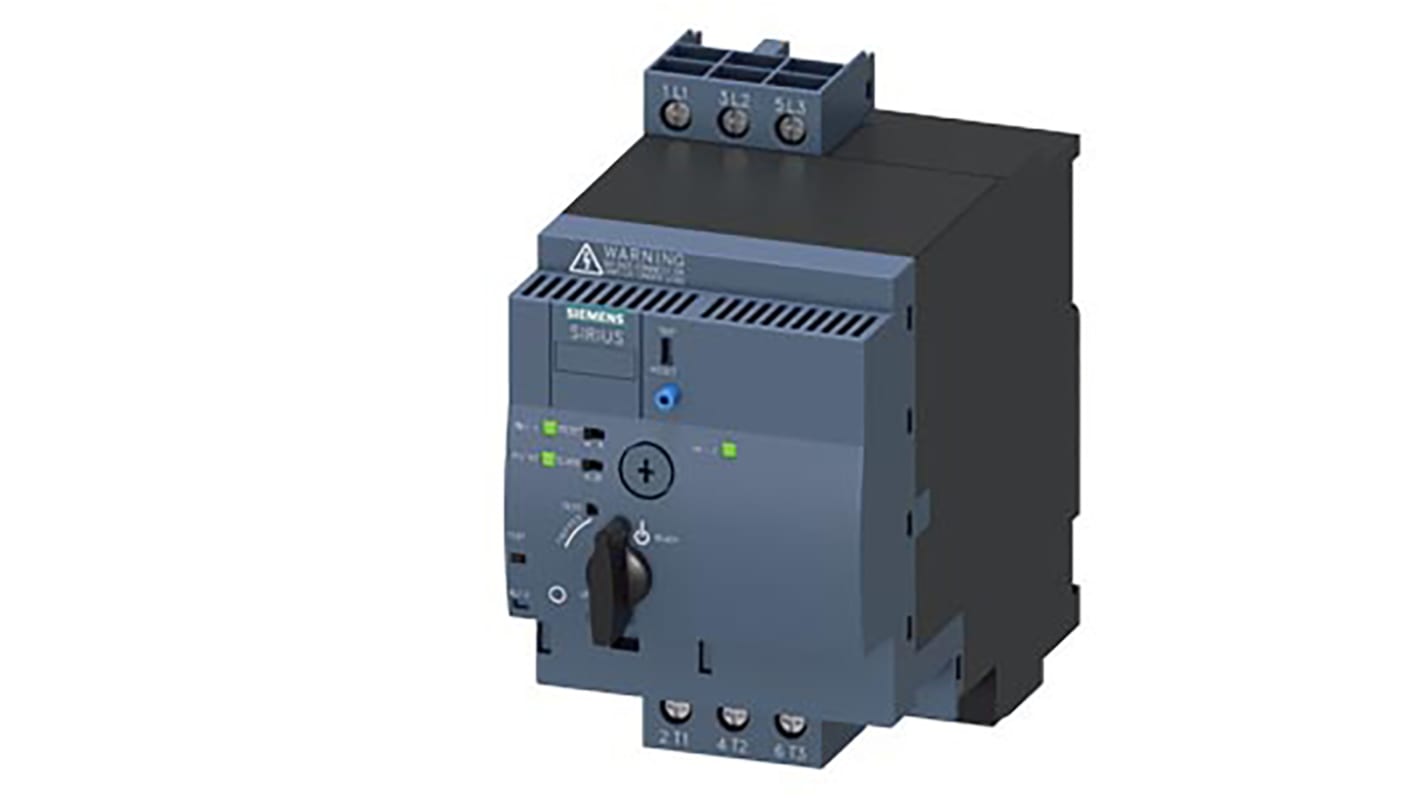 Starter DOL Siemens 3RA6250-1BB34 per motori, 3 fasi, potenza 750 W, montaggio su guida DIN, dimensioni 90 x 165 x 148,5 mm.