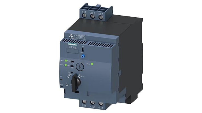Starter DOL Siemens 3RA6250-1BB34 per motori, 3 fasi, potenza 750 W, montaggio su guida DIN, dimensioni 90 x 165 x 148,5 mm.