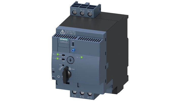 Starter DOL Siemens 3RA6250-1BB34 per motori, 3 fasi, potenza 750 W, montaggio su guida DIN, dimensioni 90 x 165 x 148,5 mm.