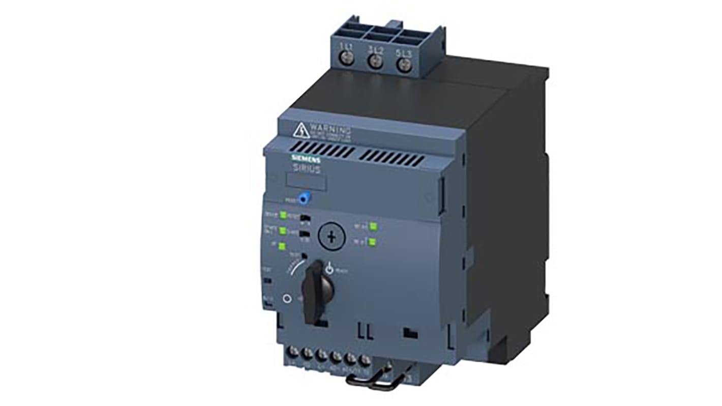 Starter DOL Siemens 3RA6500-1CB42 per motori 3 fasi, potenza 3 kW, montaggio su guida DIN, dimensioni 90x165x148.5 mm.