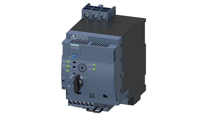 Starter DOL Siemens 3RA6500-1CB42 per motori 3 fasi, potenza 3 kW, montaggio su guida DIN, dimensioni 90x165x148.5 mm.