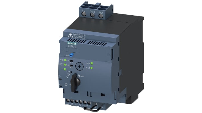 Starter DOL Siemens 3RA6500-1CB42 per motori 3 fasi, potenza 3 kW, montaggio su guida DIN, dimensioni 90x165x148.5 mm.