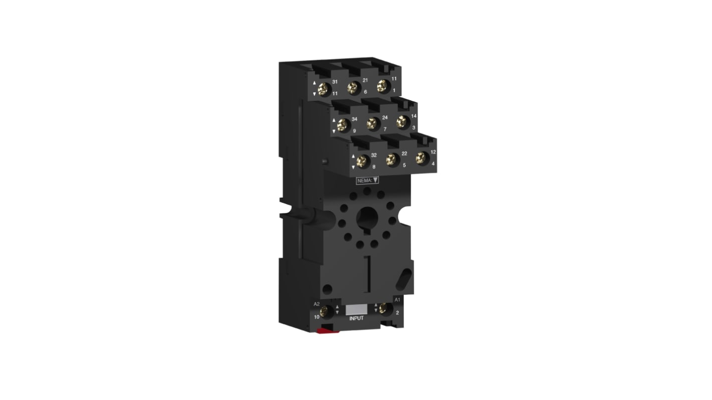 Connettore femmina per relè Schneider Electric RUZSC3M, corrente 12A, resistenza dielettrica 2500V. Ideale per settore petrolchimico, industria manifatturiera e produzione di energia. Montaggio su guida DIN standard.